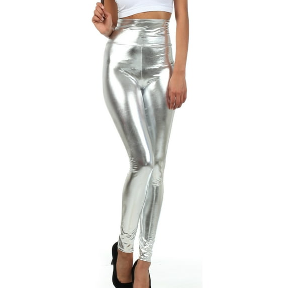 Sakkas Shiny Liquid Metallic High Waist Stretch Leggings - Made in USA - Silver - XL