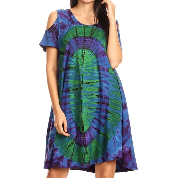 Sakkas Sienna Women's Knit Cold Shoulder Short Sleeve Flared Shift Short Dress - Royal Blue - One Size