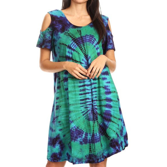 Sakkas Sienna Women's Knit Cold Shoulder Short Sleeve Flared Shift Short Dress - Turq - One Size