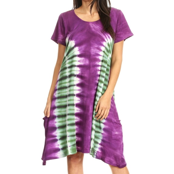 Sakkas Sirena Women's Short Sleeve Loose Plain Midi Casual Scoop Neck Flared Dress - Purple/green - One Size