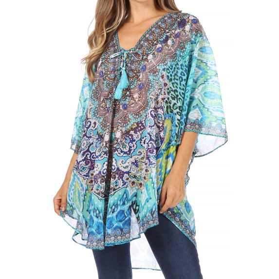 Sakkas Sloane Women's Printed V Neck Loose Fit Casual Circle Top Blouse with Ties - TRG225-Green - One Size