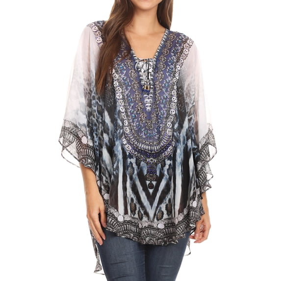 Sakkas Sloane Women's Printed V Neck Loose Fit Casual Circle Top Blouse with Ties - ZW129-White - One Size Regular