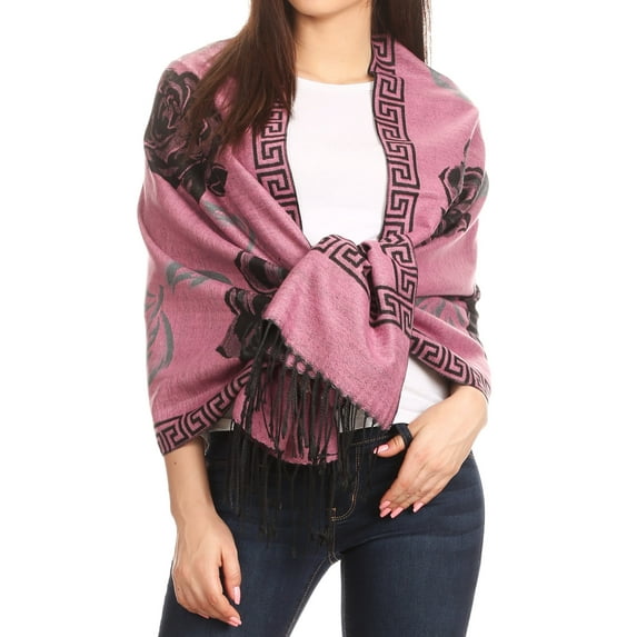 Sakkas Soffia Damask Rose Super Soft and Warm Pashmina Scarf Shawl Vegan Work - Lightpink/black - One Size Regular
