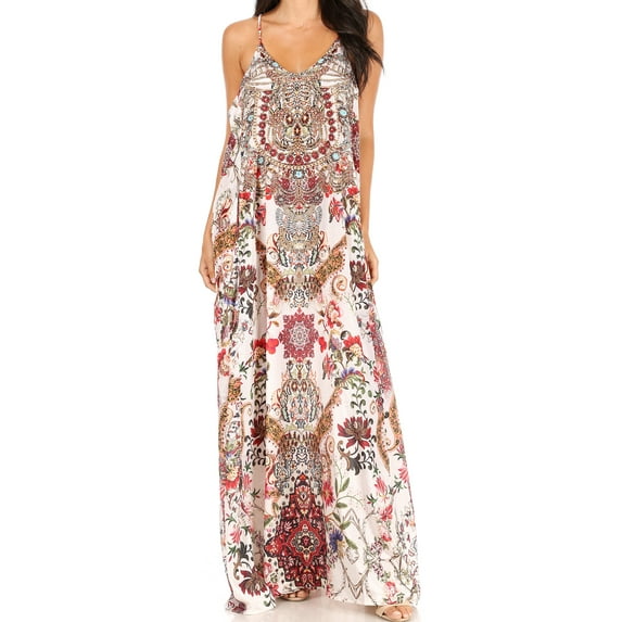 Sakkas Sofia Women's Spaghetti Strap V-neck Floral Print Summer Casual Maxi Dress - 420 - One Size