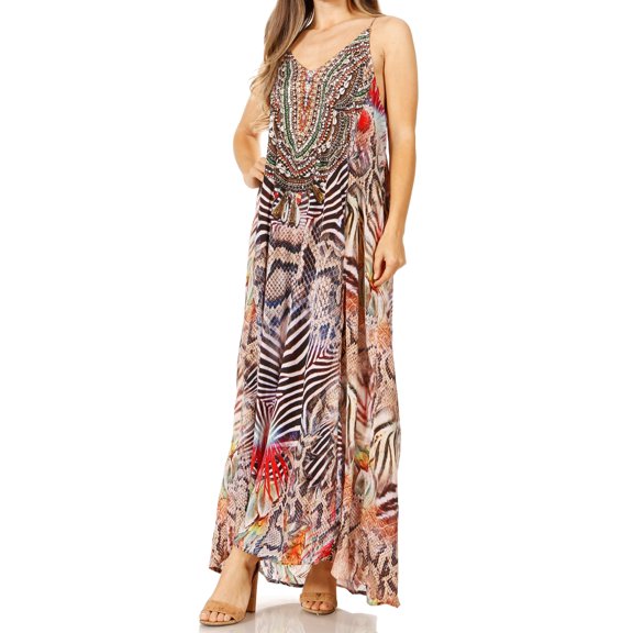 Sakkas Sofia Women's Spaghetti Strap V-neck Floral Print Summer Casual Maxi Dress - 422 - One Size
