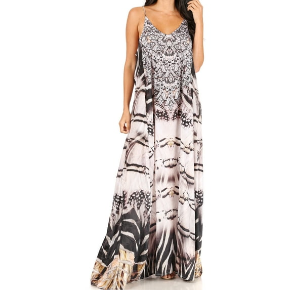 Sakkas Sofia Women's Spaghetti Strap V-neck Floral Print Summer Casual Maxi Dress - ZW371-White - One Size