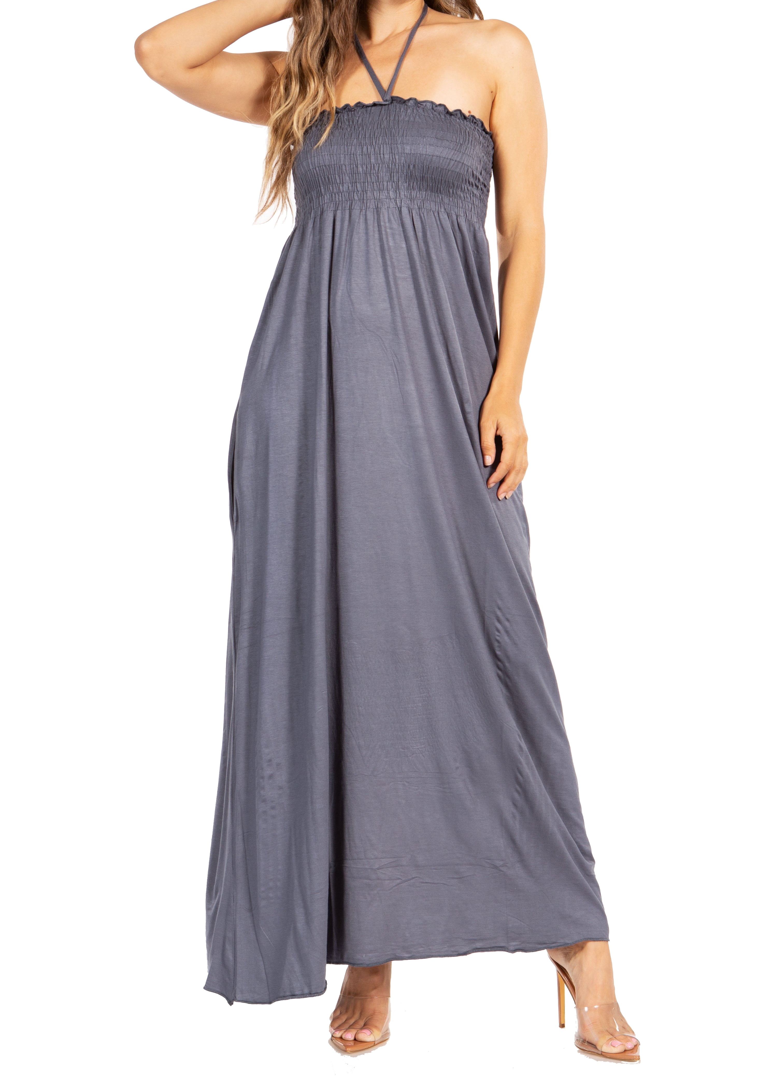 halter string dress Women's Bohemian Blue Cotton T-Back Maxi Dress
