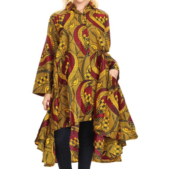 Sakkas Sol Womens Summer Swing Loose Dress African Print Roll up Sleeve Button - 407-yellow/burg - One Size Regular