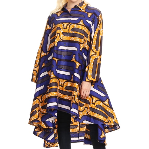 Sakkas Sol Womens Summer Swing Loose Dress African Print Roll up Sleeve Button - 418-Blue/yellow - One Size Regular