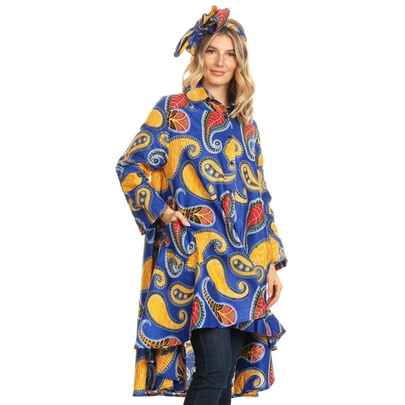 Sakkas Sol Womens Summer Swing Loose Dress African Print Roll up Sleeve Button - 44-BlueYellow - One Size Regular