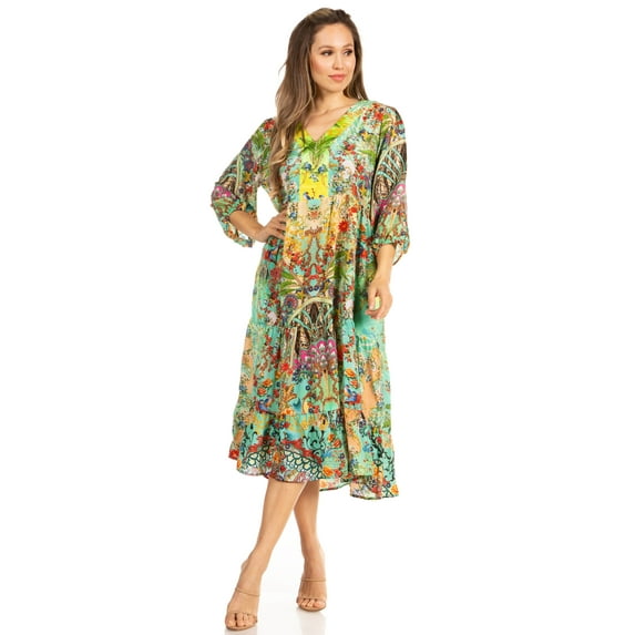 Sakkas Sole Women's Casual Boho Floral Print V neck Swing Long Sleeve Dress Midi - 580-Turq - L/XL