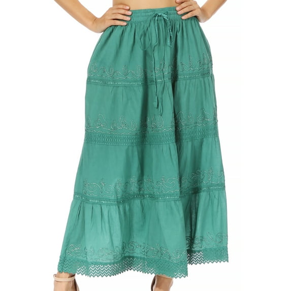 Sakkas Solid Embroidered Crochet Lace Trim Gypsy Bohemian Mid Length Cotton Skirt - Green - One Size