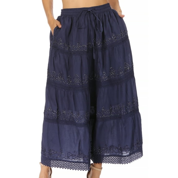 Sakkas Solid Embroidered Crochet Lace Trim Gypsy Bohemian Mid Length Cotton Skirt - Navy - One Size