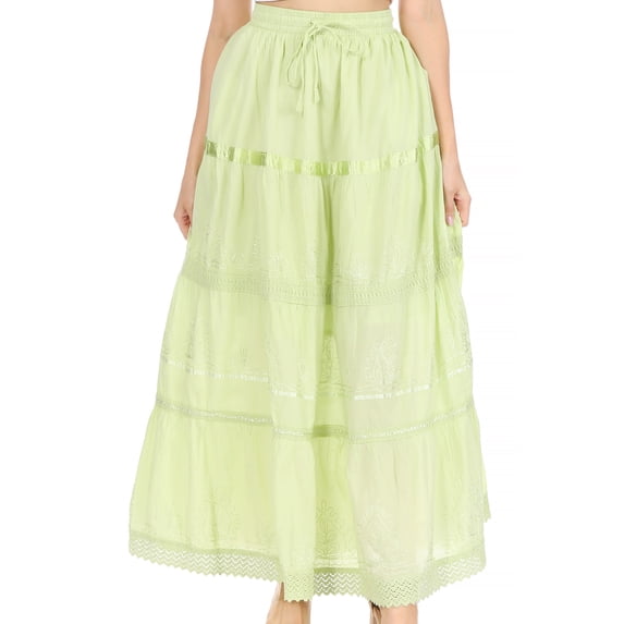 Sakkas Solid Embroidered Gypsy / Bohemian Full / Maxi / Long Cotton Skirt - Spring Green - One Size
