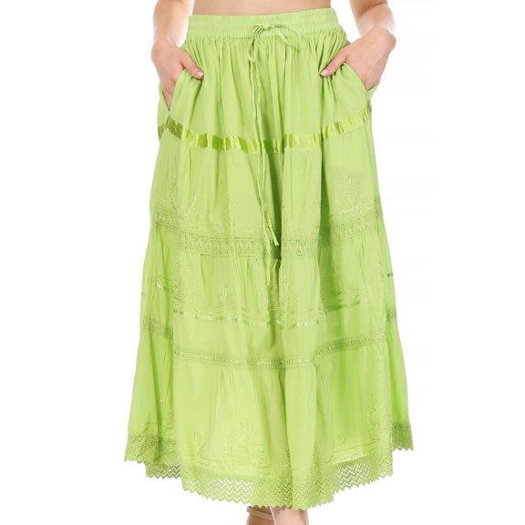 Sakkas Solid Embroidered Gypsy / Bohemian Mid Length Cotton Skirt - Spring Green - One Size