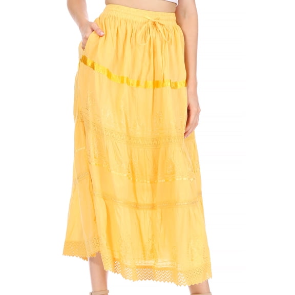 Sakkas Solid Embroidered Gypsy / Bohemian Mid Length Cotton Skirt - Yellow - One Size
