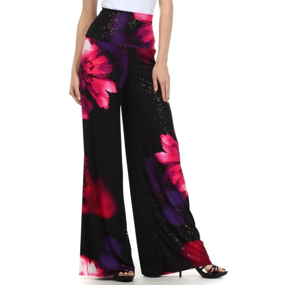 Sakkas Sparkle Floral High Waist Wide Leg Palazzo Pant - Pink - L/XL