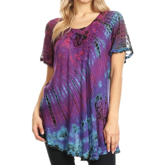 Sakkas Splenka Long Tie Dye Embroidered Corset Neck Cap Sleeve Blouse Shirt Top - Purple - Plus Size
