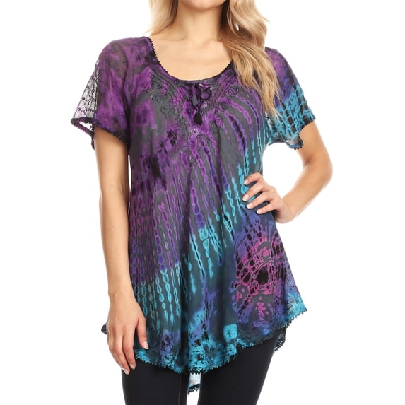 Sakkas Splenka Long Tie Dye Embroidered Corset Neck Cap Sleeve Blouse Shirt Top - Teal - Plus Size