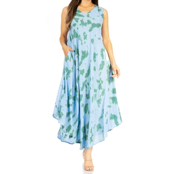 Sakkas Starlight Second Caftan Tank Dress/Cover Up Tie Dye Womens Beach Kaftan - 36-GreenBlue - One Size