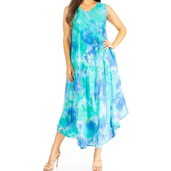 Sakkas Starlight Third Women's Tie Dye Beach Kaftan Caftan Tank Dress/Cover Up - 38-TurquoiseBlue - One Size