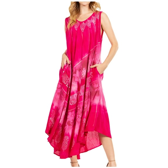 Sakkas Starlight Third Women's Tie Dye Beach Kaftan Caftan Tank Dress/Cover Up - 39-FuchsiaPink - One Size