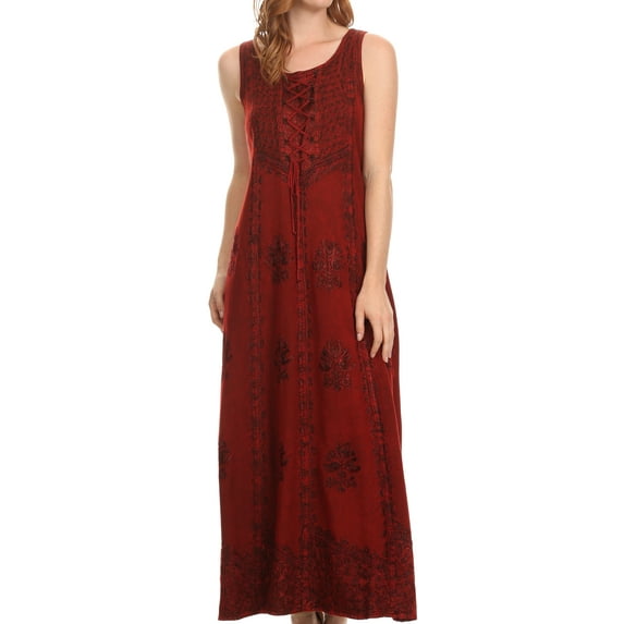 Sakkas Stella Long Tank Top Adjustable Caftan Corset Dress With Embroidery - Red - L/XL