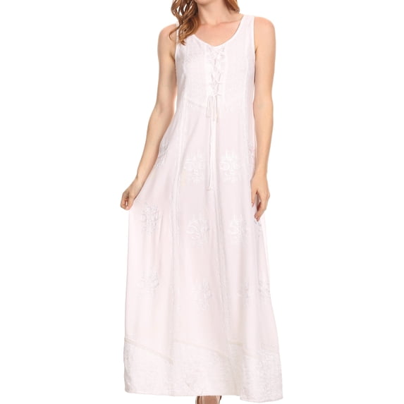 Sakkas Stella Long Tank Top Adjustable Caftan Corset Dress With Embroidery - White - 1X/2X