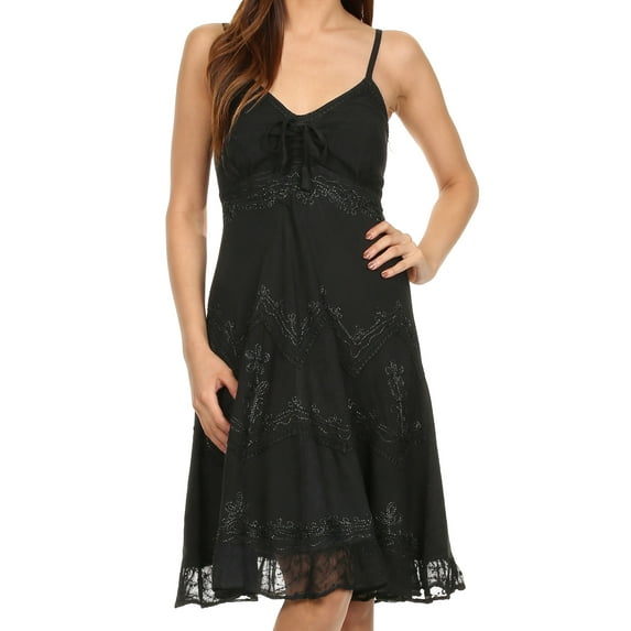 Sakkas Stonewashed Rayon Adjustable Spaghetti Straps Mid Length Dress - Black - 1X/2X