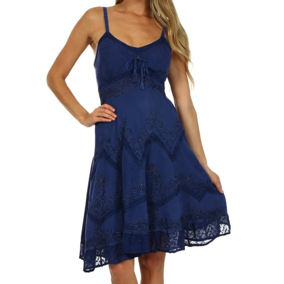 Sakkas Stonewashed Rayon Adjustable Spaghetti Straps Mid Length Dress - Navy - L/XL