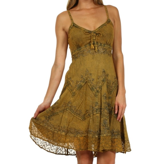 Sakkas Stonewashed Rayon Adjustable Spaghetti Straps Mid Length Dress - Old Gold - S/M