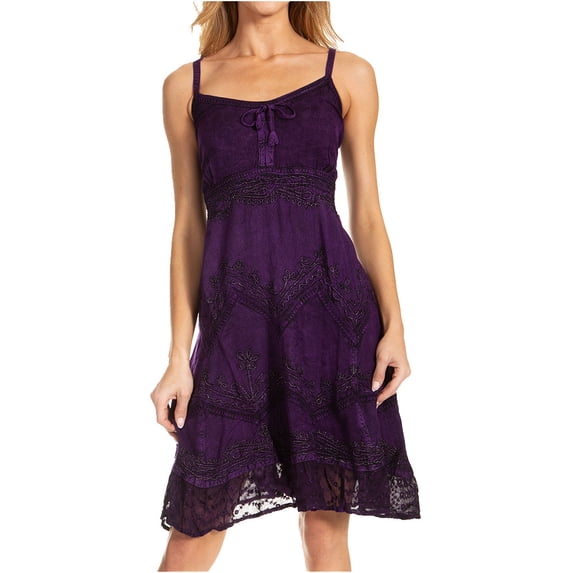 Sakkas Stonewashed Rayon Adjustable Spaghetti Straps Mid Length Dress - Purple - S/M