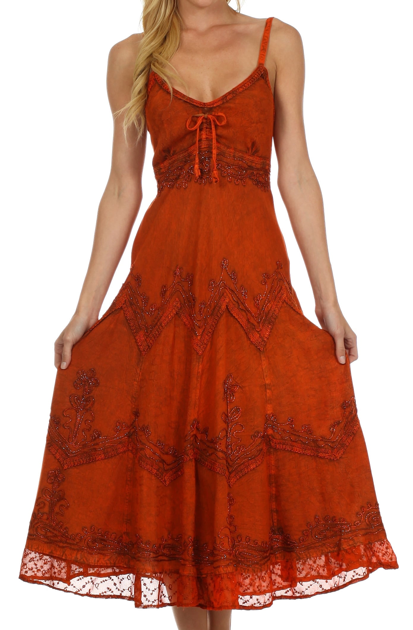 Sakkas Stonewashed Rayon Embroidered Adjustable Spaghetti Straps Long Dress  - Burnt Orange - L/XL - Walmart.com