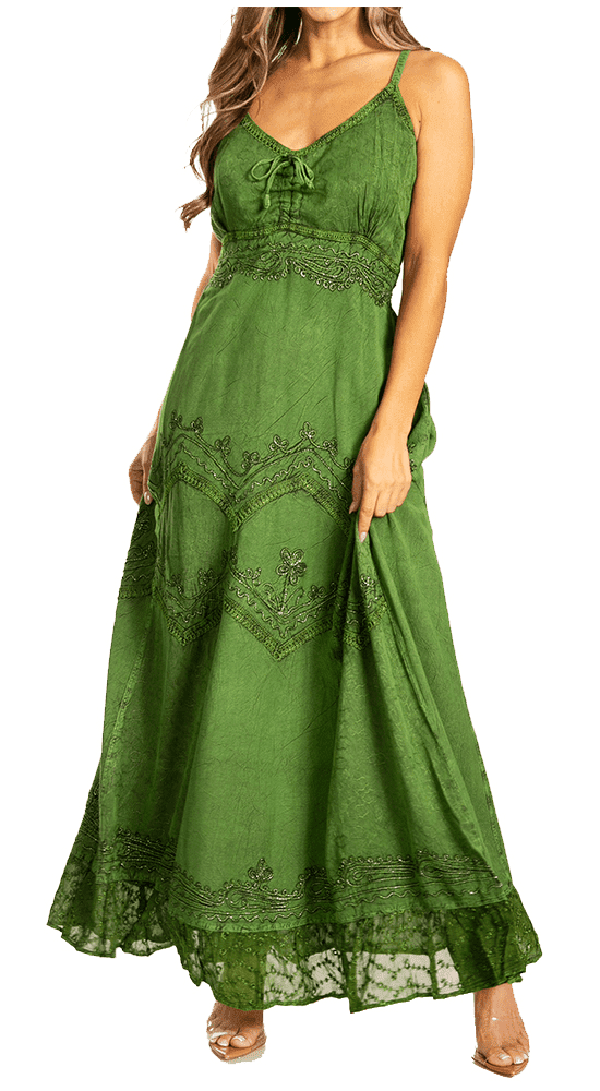 sakkas stonewashed rayon embroidered adjustable spaghetti straps long dress Sakkas Stonewashed Rayon Embroidered Adjustable Spaghetti Straps Long Dress  - Green - S/M