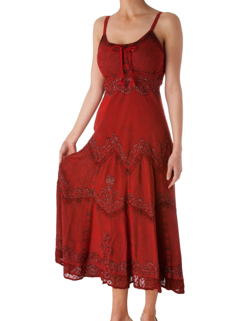 Sakkas Stonewashed Rayon Embroidered Adjustable Spaghetti Straps Long Dress  - Red - 1X/2X - Walmart.com