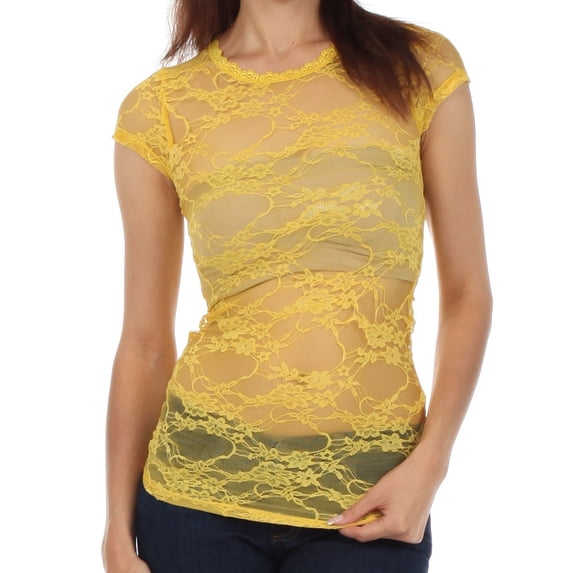 Sakkas Stretch Floral Lace Cap Sleeve Tunic Length Tee - Made in USA - Yellow - Large