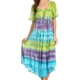 thumbnail image 1 of Sakkas Sula Long Laced Cotton Tie-Dye Wide Neck Embroidered Boho Sundress Cover Up - Green / Purple - One Size Regular, 1 of 5