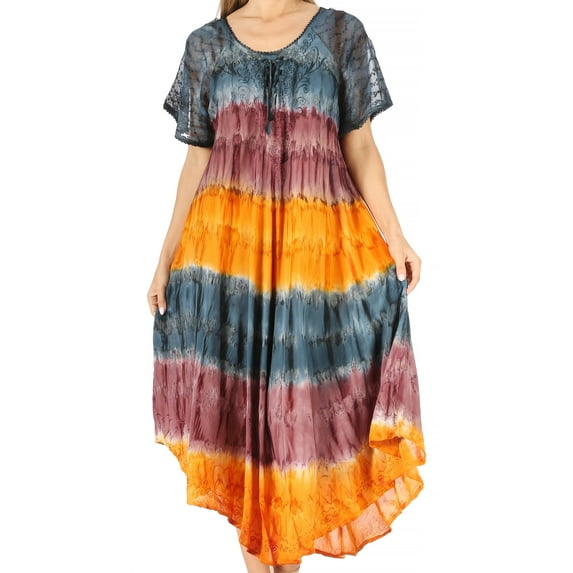 Sakkas Sula Tie-Dye Wide Neck Embroidered Boho Sundress Caftan Cover Up - Navy / Brown - One Size Regular
