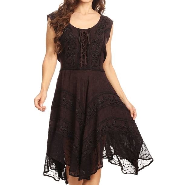Sakkas Sundara Stonewashed Rayon Embroidered Mid Length Dress - Chocolate -  S/M - Walmart Business Supplies