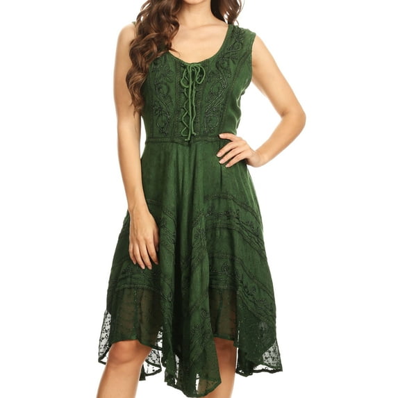 Sakkas Sundara Stonewashed Rayon Embroidered Mid Length Dress - Green - S/M