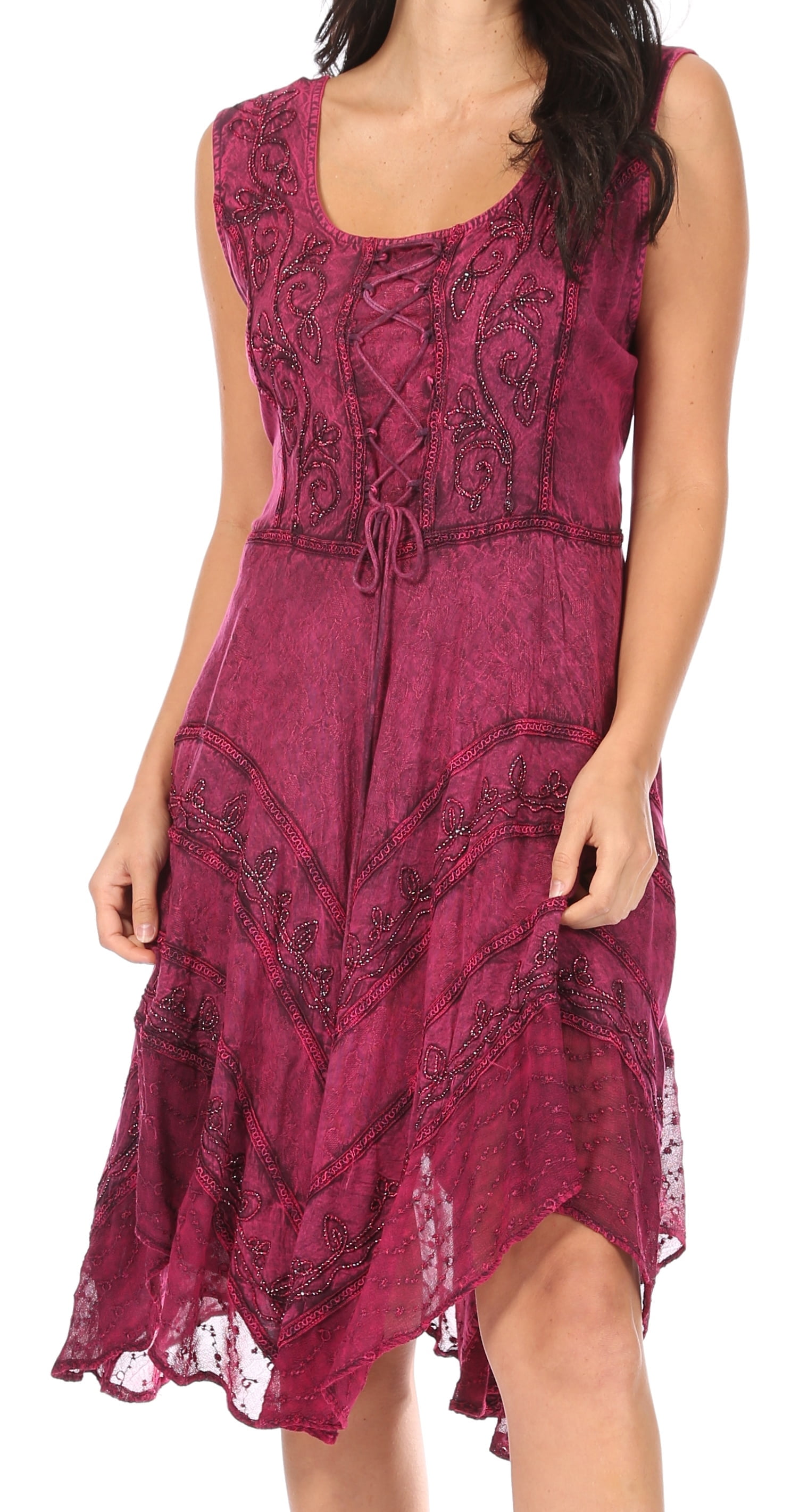 Sakkas Sundara Stonewashed Rayon Embroidered Mid Length Dress - Orchid - L/XL Sakkas Sundara Stonewashed Rayon Embroidered Mid Length Dress - Orchid - L/XL