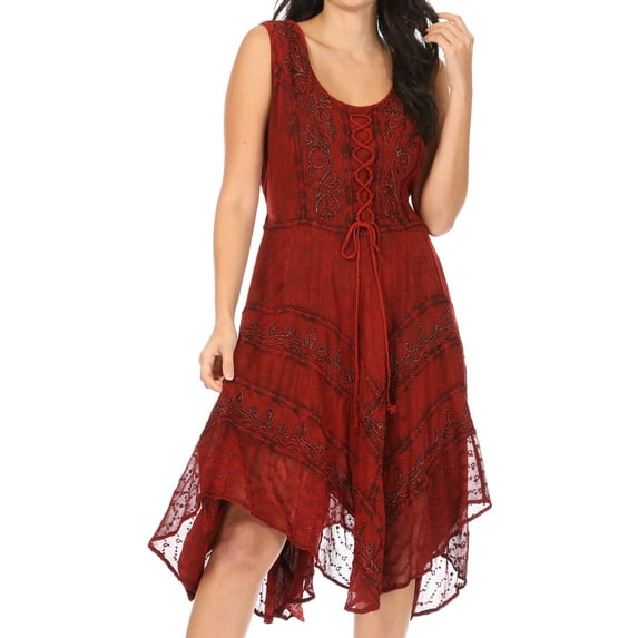 Sakkas Sundara Stonewashed Rayon Embroidered Mid Length Dress - Red - 1X/2X