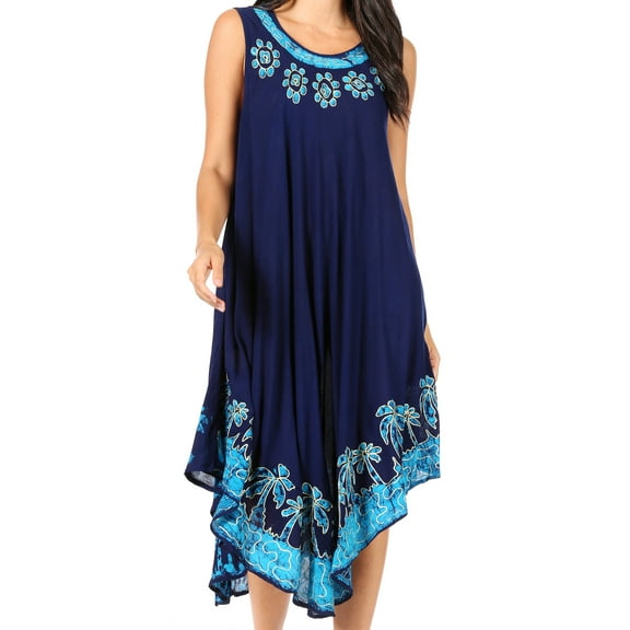 Sakkas Sundari Caftan Tank Dress / Cover Up - Navy / Turquoise - One Size