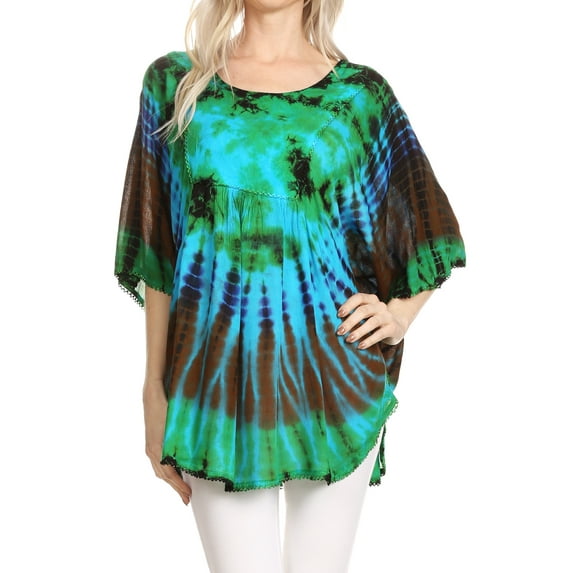 Sakkas Sunia Tie Dye Caftan Sleeve Blouse | Cover Up - Mint - One Size