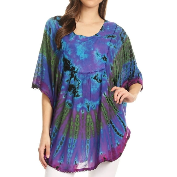 Sakkas Sunia Tie Dye Caftan Sleeve Blouse | Cover Up - Turquoise - One Size