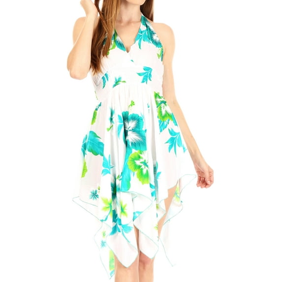 Sakkas Svana Women's V-neck Spaghetti Strap Floral Print Summer Casual Short Dress - W-Teal - One Size