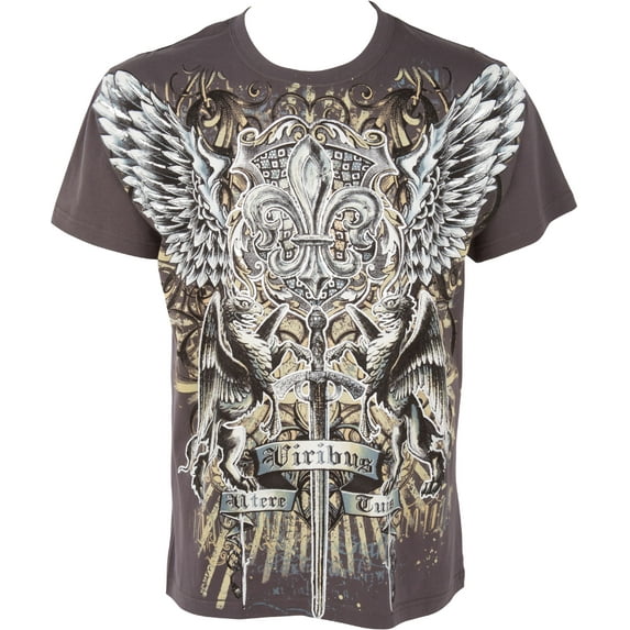 Sakkas Sword and Griffin Metallic Silver Embossed Cotton Mens Fashion T-shirt - Charcoal / Medium