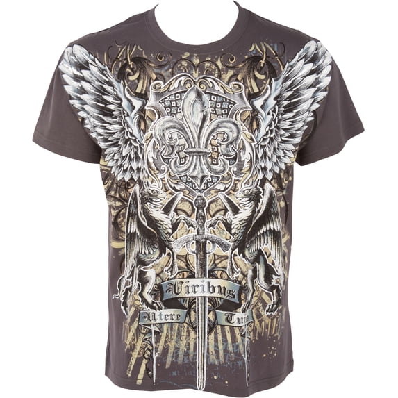 Sakkas Sword and Griffin Metallic Silver Embossed Cotton Mens Fashion T-shirt - Charcoal / Small