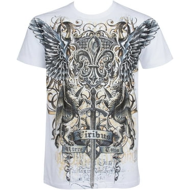 Sakkas Sword and Griffin Metallic Silver Embossed Cotton Mens Fashion T-shirt - White / Small