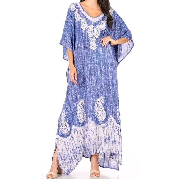 Sakkas Tacy Women's Casual Boho Summer Maxi Dress Caftan Kaftan Cover-up LougeWear - 10-Indigo - One Size Regular